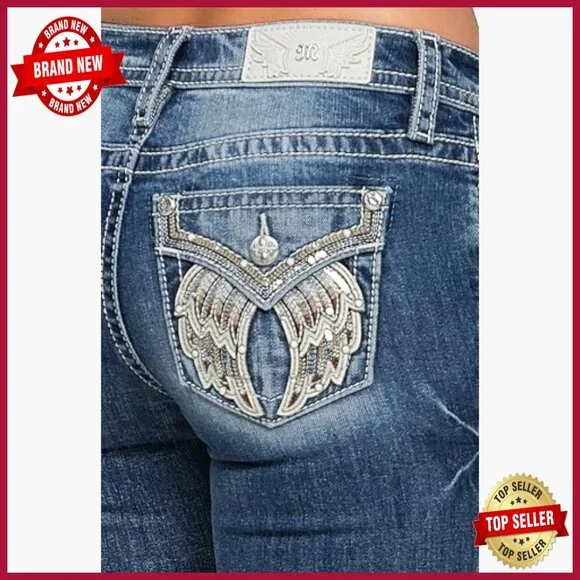 Mid-Rise Bootcut Jeans with Embellished Wing Pockets, 32 Inseam